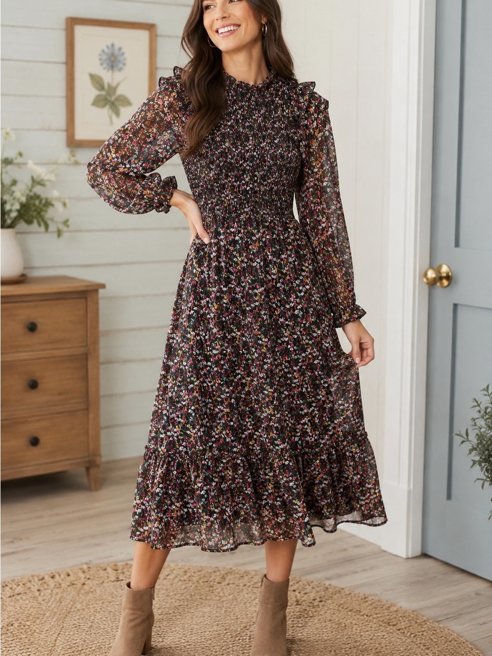 Draper James RSVP Smocked Floral Midi Dress Size Small Romantic Cottagecore